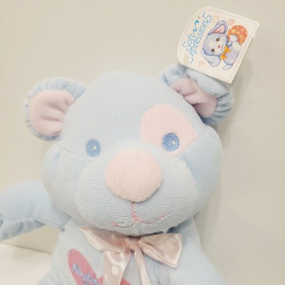 Soft Expressions Baby Blue Teddy Bear Plush With Heart Embroidery & Bow 12" - Picture 2 of 12
